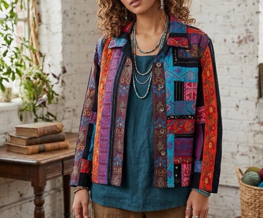 VTG Chicos Size 2 Boho Patchwork Beaded Embroidered Button Front Shirt Jacket